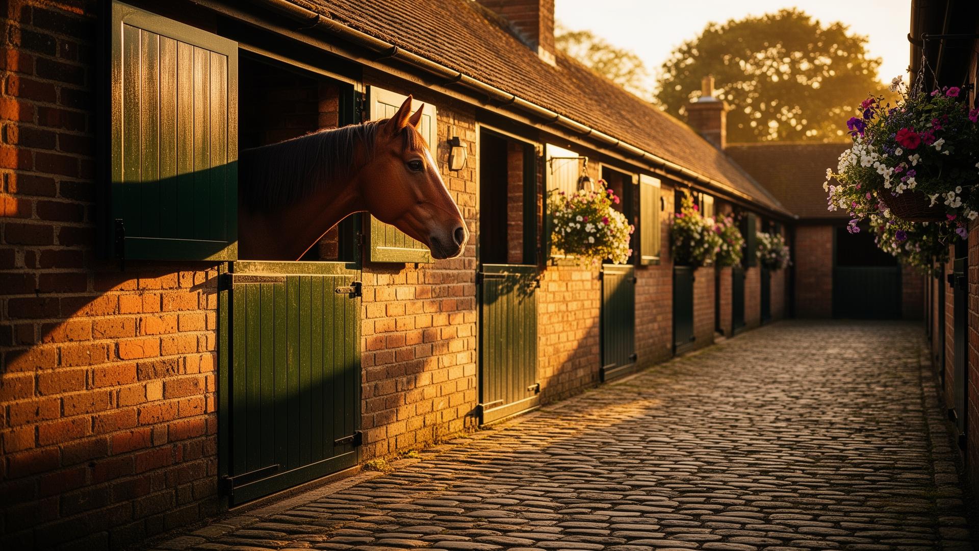 English livery yard at golden hour